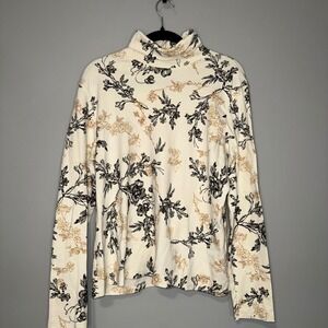 White Stag Womens XL Turtleneck Top Floral Botanical Black Gold Metallic Cream